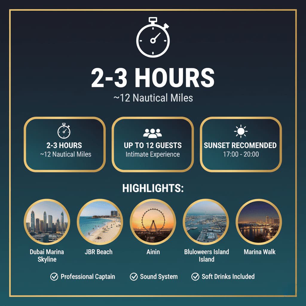 Dubai Marina and JBR beach yacht tour route experience.