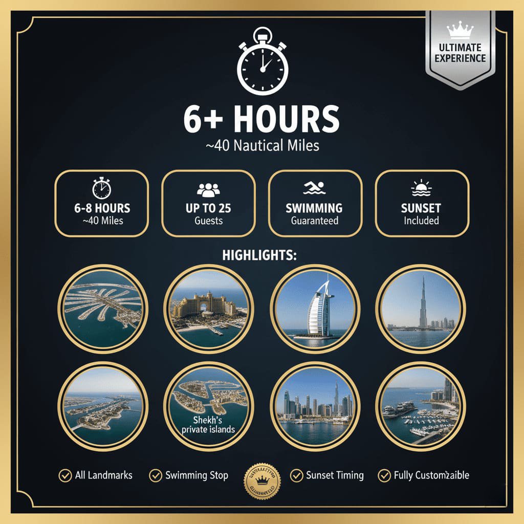 Full-experience Dubai yacht tour route, comprehensive highlights.
