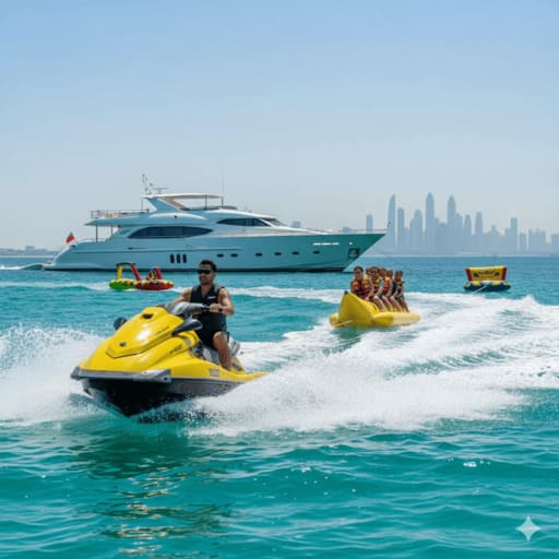 Premium Dubai yacht watersports: jet ski, diving.