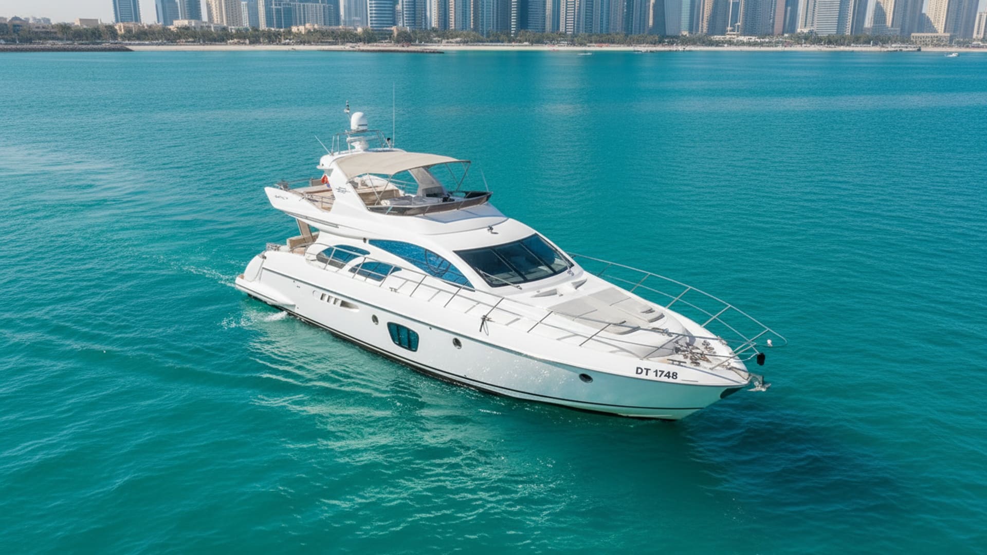 Aerial view of Paradise Spirit 55 ft yacht in Dubai Marina