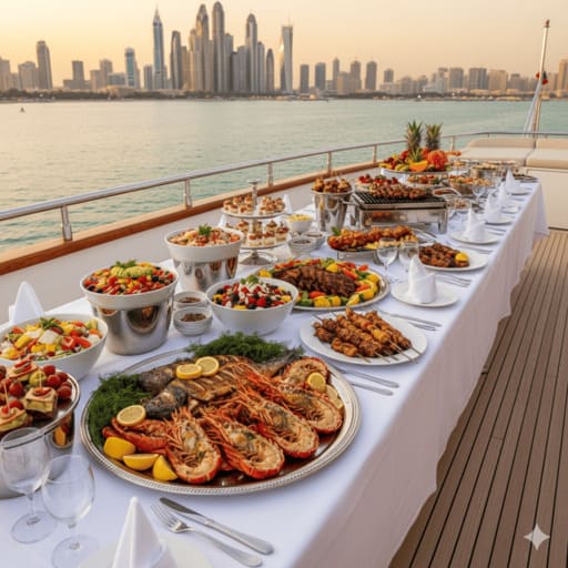 Luxury yacht gourmet catering and premium dining Dubai.