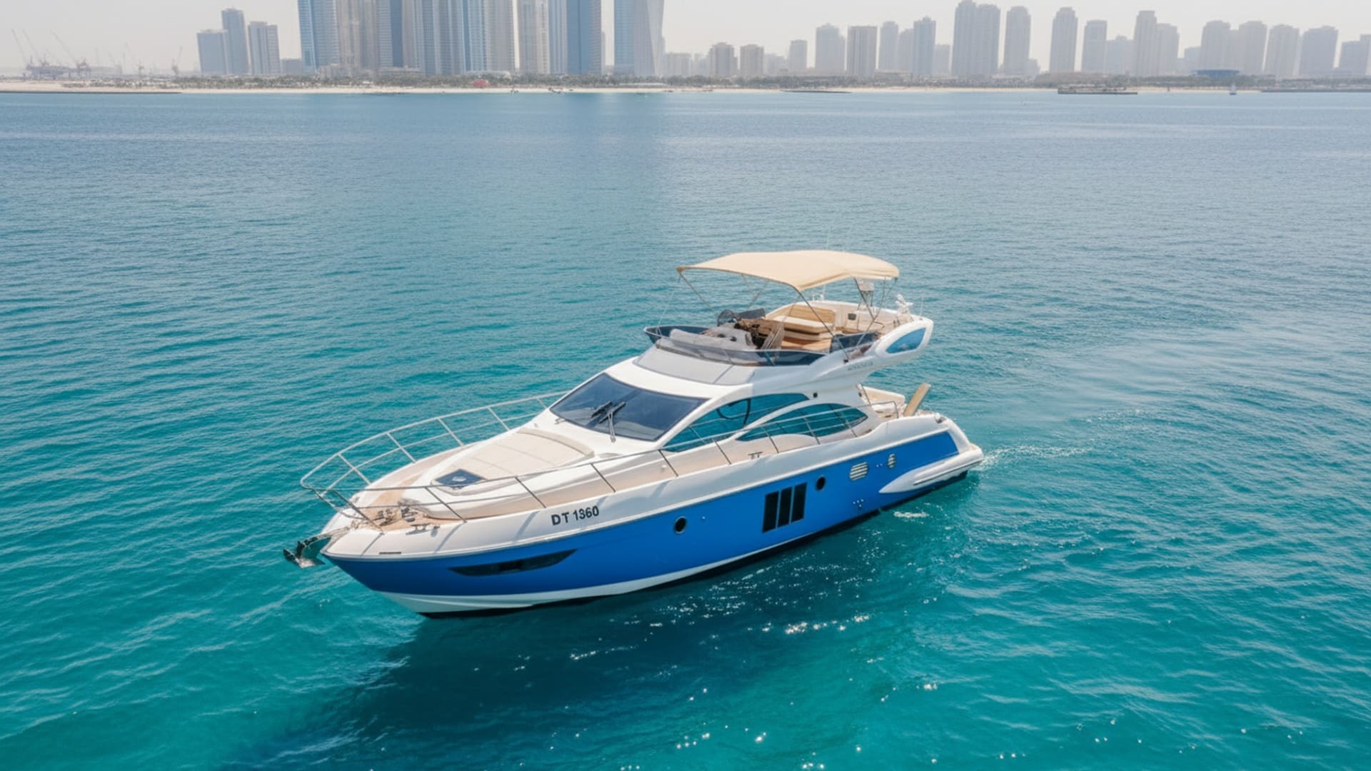 Spirit Lightning 48 ft yacht aerial view over Dubai Marina