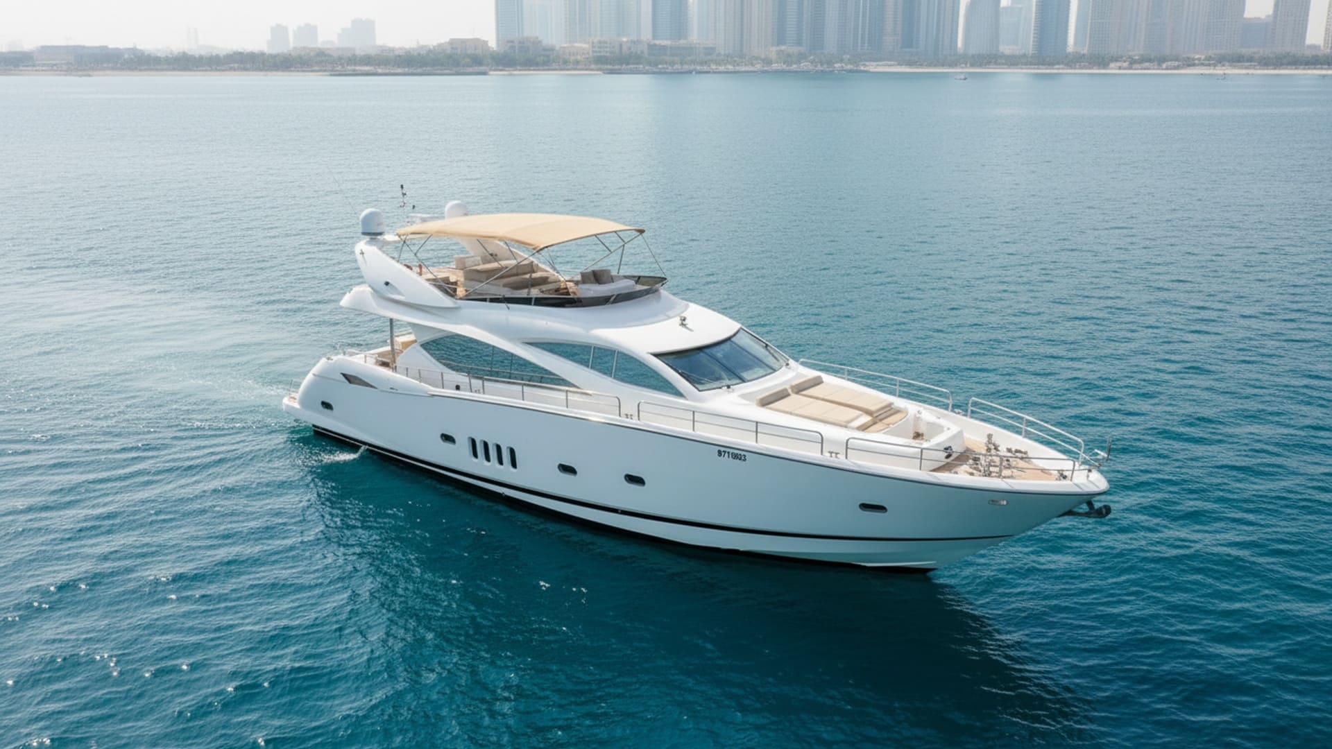 Aerial view of Starlight Navigator 82 ft cruising Dubai waters